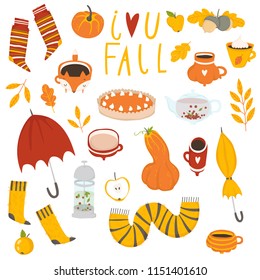 Set of cute autumn cartoon autumn element. Fall season. Collection of scrapbook elements for party, harvest festival or Thanksgiving day.