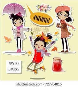 set with cute autumn cartoon girl and objects. vector illustration