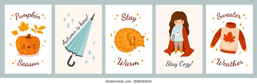 Set of cute autumn cartoon illustrations. Kawaii pumpkin, red sleeping cat, umbrella, cozy girl with book and plaid, sweater. Vector templates for card, poster, flyer, invitation, print, cover.