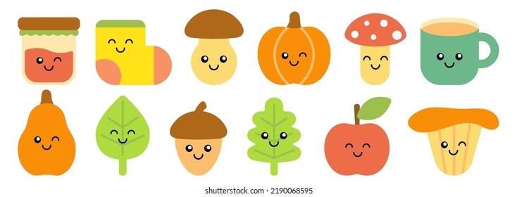 Set of cute autumn characters in kawaii style. Funny mushrooms, warm socks, leaves, pumpkins, hot drink, jam, apple, acorn. Vector simple cartoon illustrations, harvest, season, fall stickers, patches