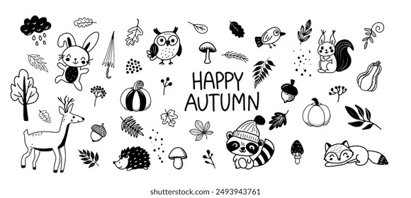 Set of cute autumn doodle characters, plants and leaves. Fall season. Forest animals.