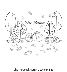 Set of cute autumn doodle elements. Forest and cute hedgehogs. Collection of doodle outline elements for coloring book, children design.