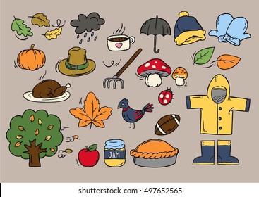 SET OF CUTE AUTUMN DOODLE VECTOR WITH COLOR