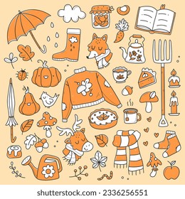 A set of cute autumn doodles. A collection of simple colored autumn drawings. Vector illustration