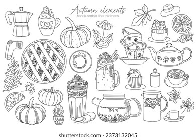 Set of cute autumn doodles. A collection of simple autumn drawings. Vector illustration. A set of elements is cozy house. Teapot, coffee, hot chocolate. Logo, doodle, sketch, clipart, template, design