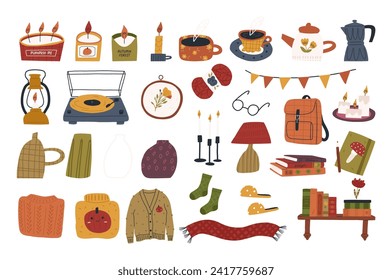 Set of cute autumn elements, cartoon flat vector illustration isolated on white background. Collection of seasonal stickers - candles, cozy sweaters, mugs, books, vinyl player. Back to school concept.