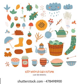 Set of cute Autumn elements, cartoon characters, plants, leaves and sweets. Fall season. Collection of scrapbook elements for Thanksgiving day, seasonal party, or harvest festival. Keep warm and cozy
