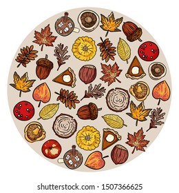 Set of cute autumn elements doodles in a circle. Harvest festival postcard