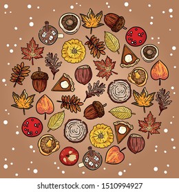 Set of cute autumn elements doodles in a circle. Harvest festival postcard