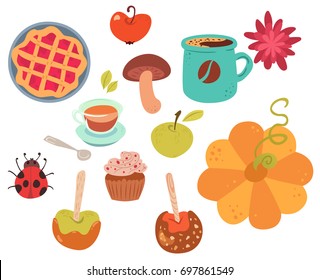 Set of cute autumn food. Desserts, coffee, tea and decorations. Vector illustration of white background.