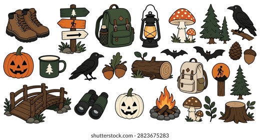 Set of cute autumn forest elements, camping gear, pumpkins, mushrooms, and woodland animals