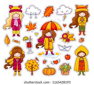 Set of cute autumn girls. Kawaii little girls. Clouds, leaves, pumpkin, apple, tree, flower, umbrella, hats with ears. Vector illustration.