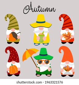 Set of Cute Autumn gnomes, vector illustration art.