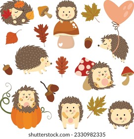 Set of cute autumn hedgehog
