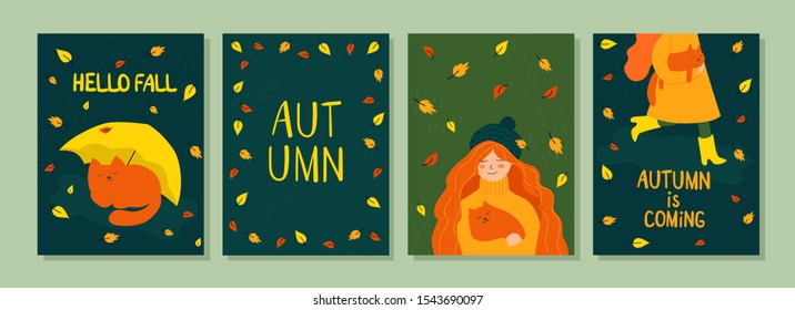 Set of cute autumn illustrations. autumn mood. red-haired girl with a red cat walks through puddles in yellow boots. Vector templates for card, poster, flyer, cover and other use