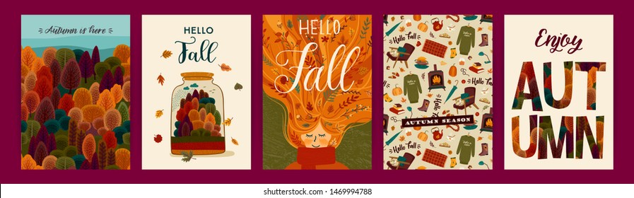 Set of cute autumn illustrations. Vector templates for card, poster, flyer, cover and other use. Trendy retro style