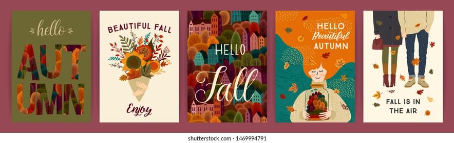 Set of cute autumn illustrations. Vector templates for card, poster, flyer, cover and other use. Trendy retro style