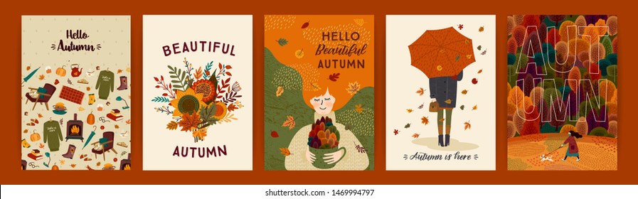 Set of cute autumn illustrations. Vector templates for card, poster, flyer, cover and other use. Trendy retro style