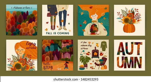 Set of cute autumn illustrations. Vector templates for card, poster, flyer, cover and other use. Trendy retro style