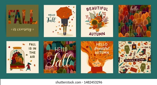 Set of cute autumn illustrations. Vector templates for card, poster, flyer, cover and other use. Trendy retro style
