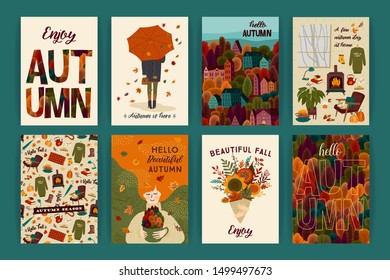 Set of cute autumn illustrations. Vector templates for card, poster, flyer, cover and other use. Trendy retro style
