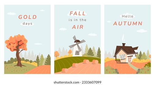 Set of cute autumn illustrations. Vector templates for cards, posters, flyers, covers and more. Autumn landscape background