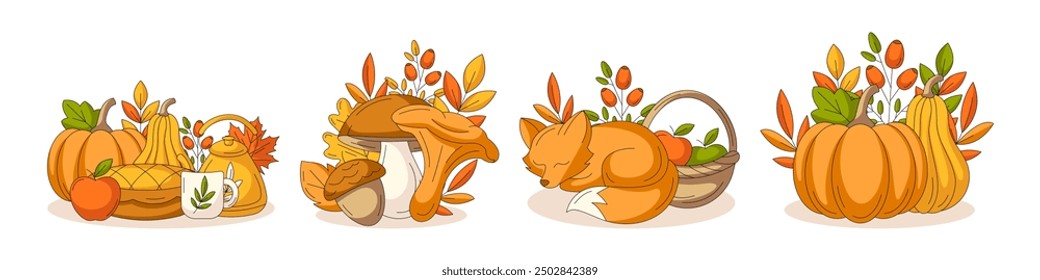 Set of cute autumn illustrations, vector composition from pumpkins, mushrooms, sleeping fox, fall harvest. For seasonal holiday or celebration, sticker, print, poster or postcard, scrapbooking