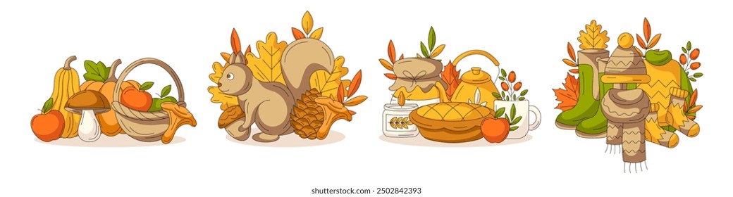 Set of cute autumn illustrations, vector composition from pumpkin, mushroom, squirrel, fall harvest, warm clothes. For seasonal holiday or celebration, sticker, print, poster or postcard, scrapbooking