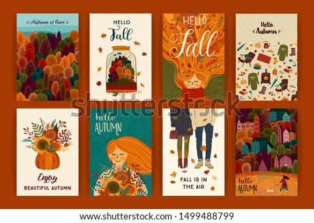 Set of cute autumn illustrations. Vector templates for card, poster, flyer, cover and other use. Trendy retro style