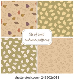 Set of cute autumn patterns, collection of seamless backgrounds with falling leaves.