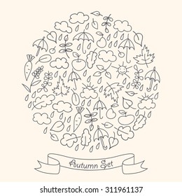 Set of cute autumn pictures in a childish style.  Black contour images. Its possible to move and edit every single detail in template to create your own design.