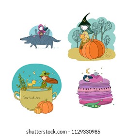 Set with cute autumn pictures. fairy tales, a red cap and a wolf, a princess on a pea