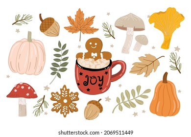 Set of cute autumn plants and food illustrations. fall season. pumpkins. collection of autumnal elements for a party, Premium 