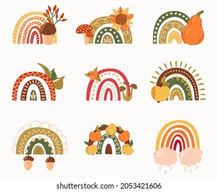 Set of cute autumn rainbows. White background, isolate. Vector illustration.