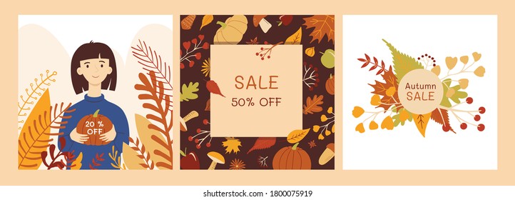 Set of cute autumn sale illustration for banner, poster, card, flyer. Vector flat cartoon illustration