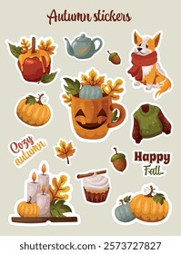 Set of cute autumn stickers. Caramel apple, candles, cakes, sweater, scarf. Vector stickers with white outline.