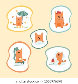 Set of cute autumn stickers with cats. Warm and fluffy collection