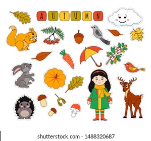 Set of cute autumn stickers. Girl,  umbrella,  hedgehog,  fly agaric, umbrella, hare, pumpkin, cloud, leaves. Vector cartoon illustration can use for kids decor, print, card, sticker kit