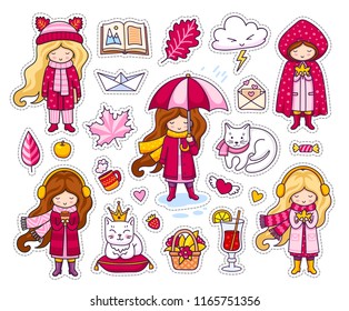 Set of cute autumn stickers. Kawaii little girls, holding leaf, coffee, book. Kitten, cat, funny cloud, paper origami boat. Fall. Vector illustrations.