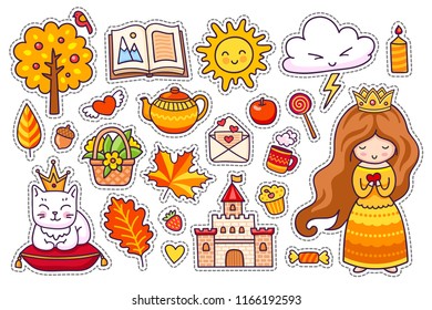 Set of cute autumn stickers. Kawaii little princess with crown and coffee, leaves, cat, sun, castle. Fall. Vector illustration.
