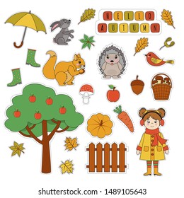 Set of cute autumn stickers. Kawaii little girl,  umbrella,  hedgehog,  fly agaric, umbrella, hare, pumpkin, cloud, leaves. Vector cartoon illustration can use for kids decor, print, card, sticker kit