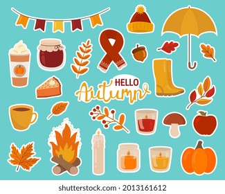 Set of cute autumn stickers. Perfect for web, card, poster, cover, tag, invitation, sticker set. Vector illustration