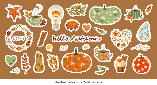 A set of cute autumn stickers. Vector illustration.
