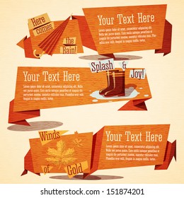 Set of cute autumn vintage stylized banners. With ribbons and icons of gumboots, puddle,umbrella and maple leafs. Vector