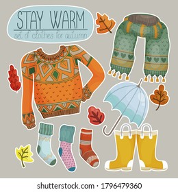 set of cute autumn warm clothes illustration. A cozy sweater and a warm scarf, bright rubber boots and funny knitted socks. As well as an umbrella from the rain and fallen autumn leaves. Vector.