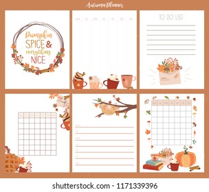 Set of cute Autumn Weekly planner template, organizer, schedule and note background. Editable vector illustration