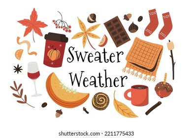 Set with cute autumn and winter objects  clip art, cozy time spending. Isolated on white vector illustration