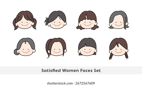 Set von niedlichen Avatar-Icon-Gesichter. Zufriedene Frauen