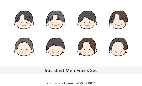 Set of cute avatar icon faces. Satisfied Men