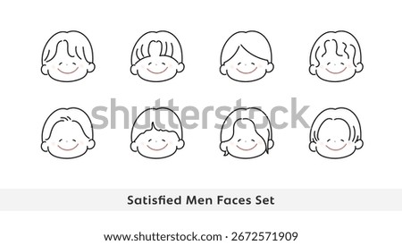 Set of cute avatar icon faces. Satisfied Men
